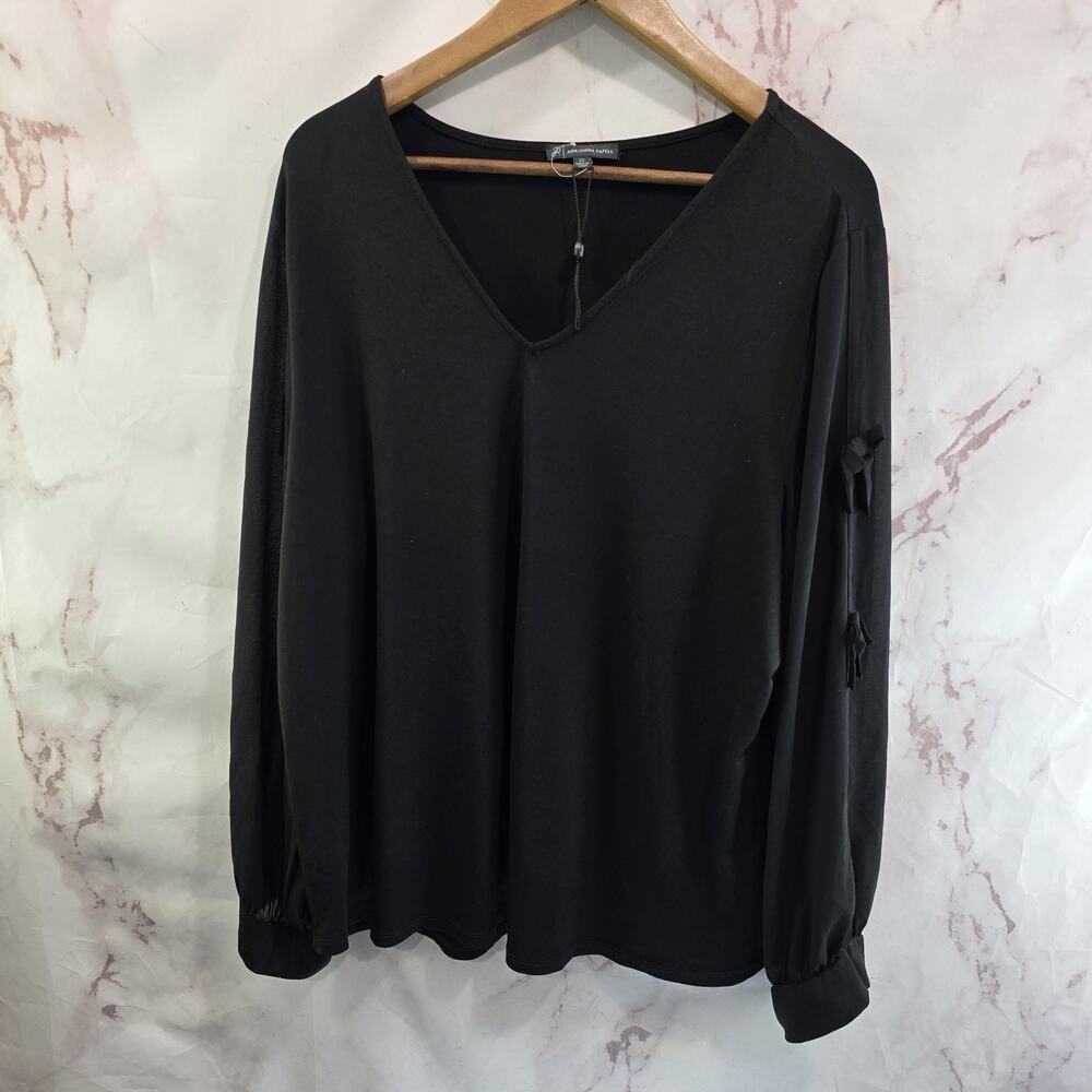 Adrianna Papell Shirt Womens 2X Black Long Sleeve Blouse Bow Sleeve V Neck